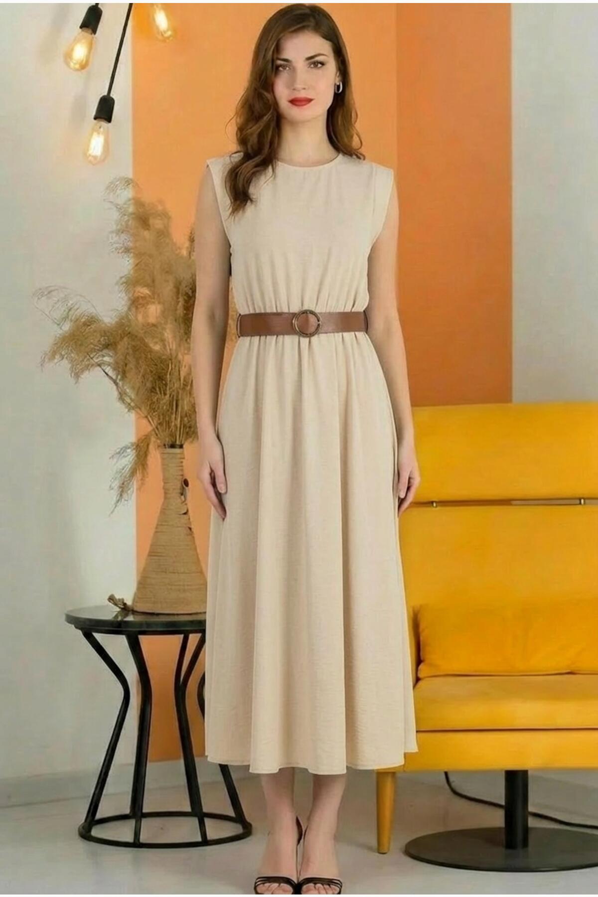 Padded - Shoulder Midi Dress With Elastic Waist — Stone