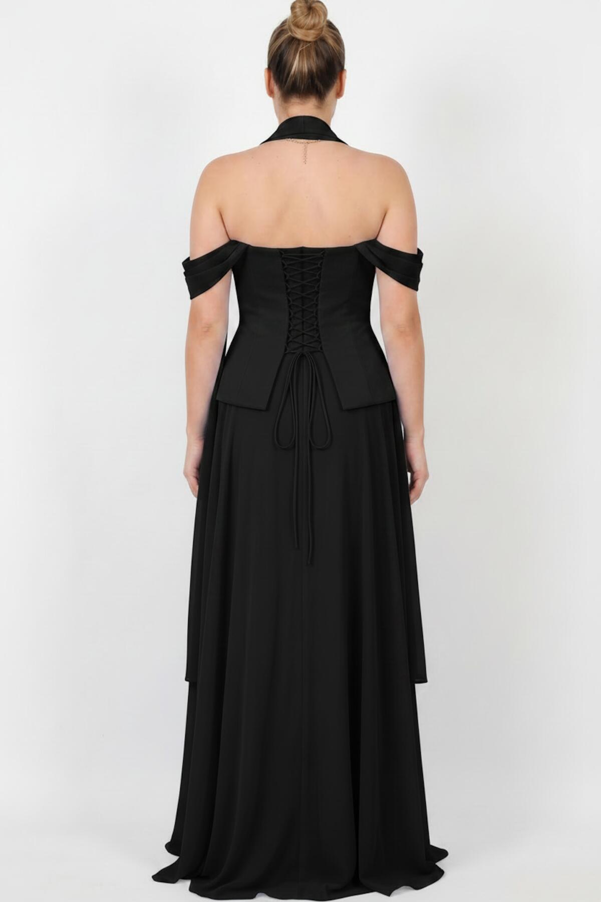 Abendkleid In Großen Größen Aus Crêpe Mit Tüllrock Und Schal – Schwarz