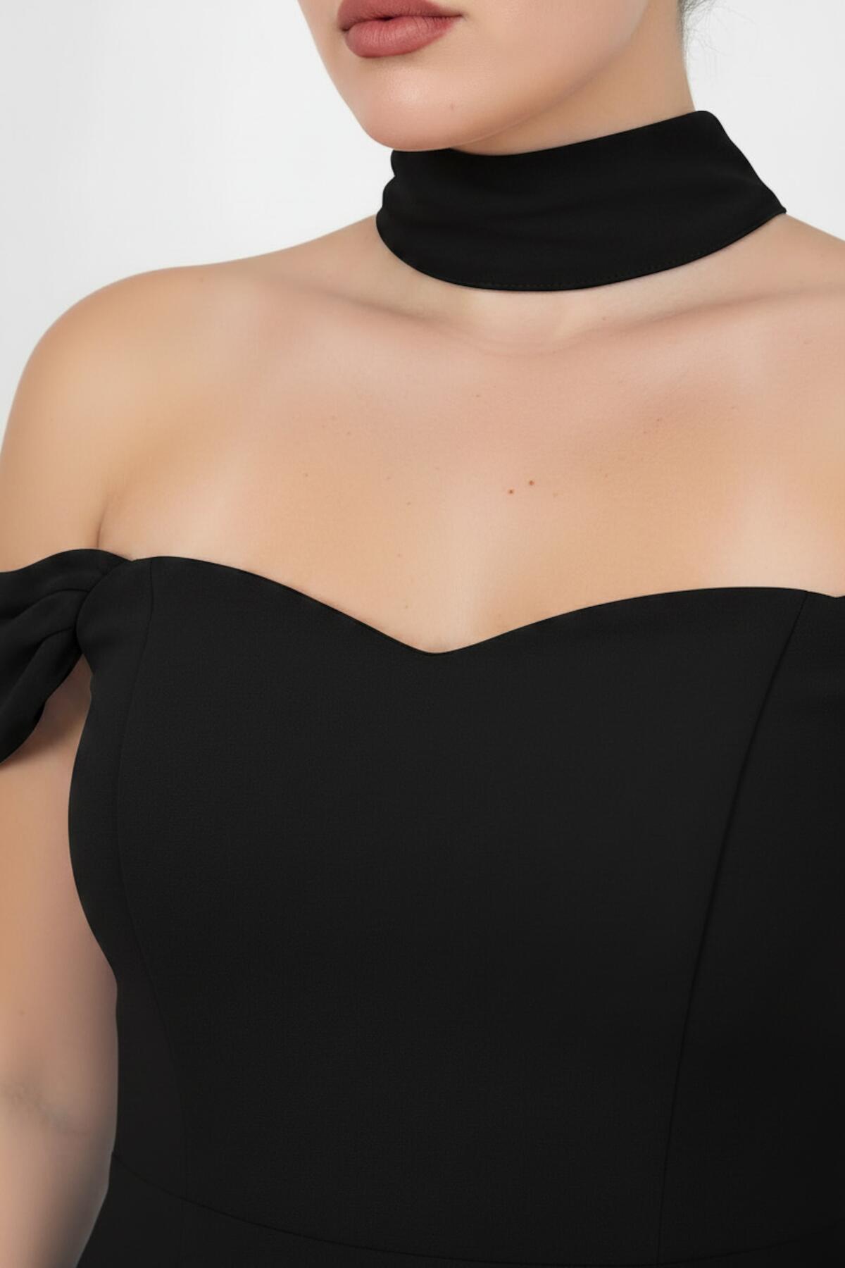 Abendkleid In Großen Größen Aus Crêpe Mit Tüllrock Und Schal – Schwarz