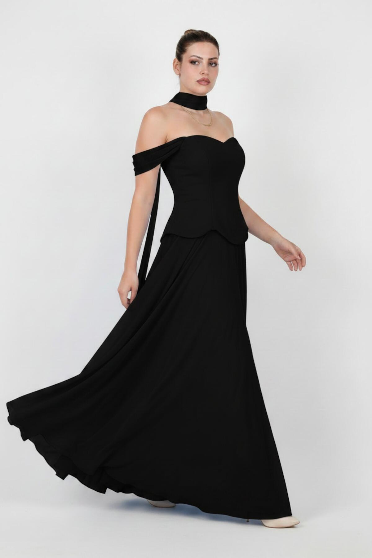 Abendkleid In Großen Größen Aus Crêpe Mit Tüllrock Und Schal – Schwarz