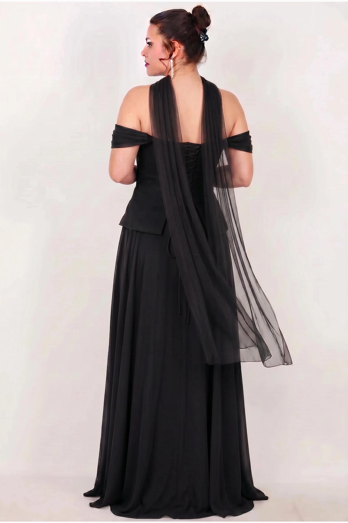 Plus‑Size Crepe Evening Dress With Tulle Skirt And Draped Shawl — Black