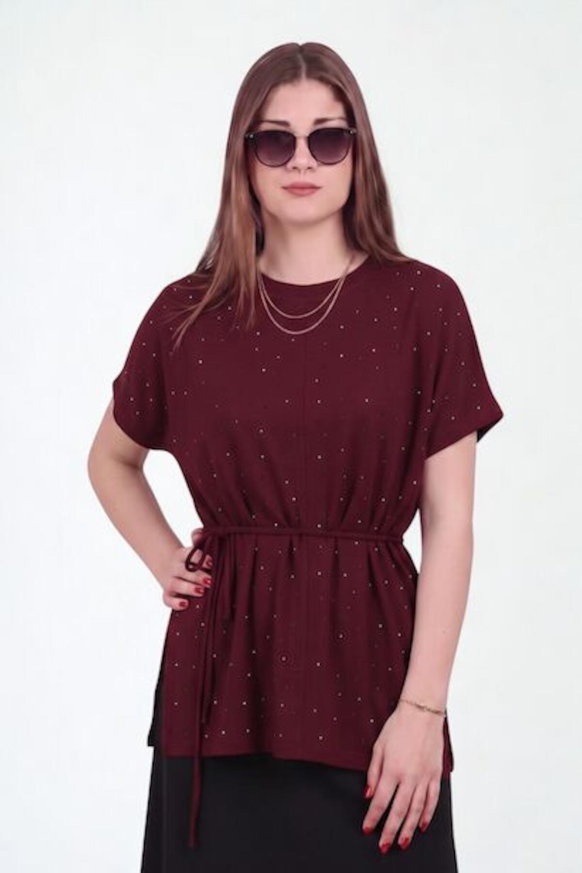 Oysho Stone - Embellished Short - Sleeve Blouse — Plum