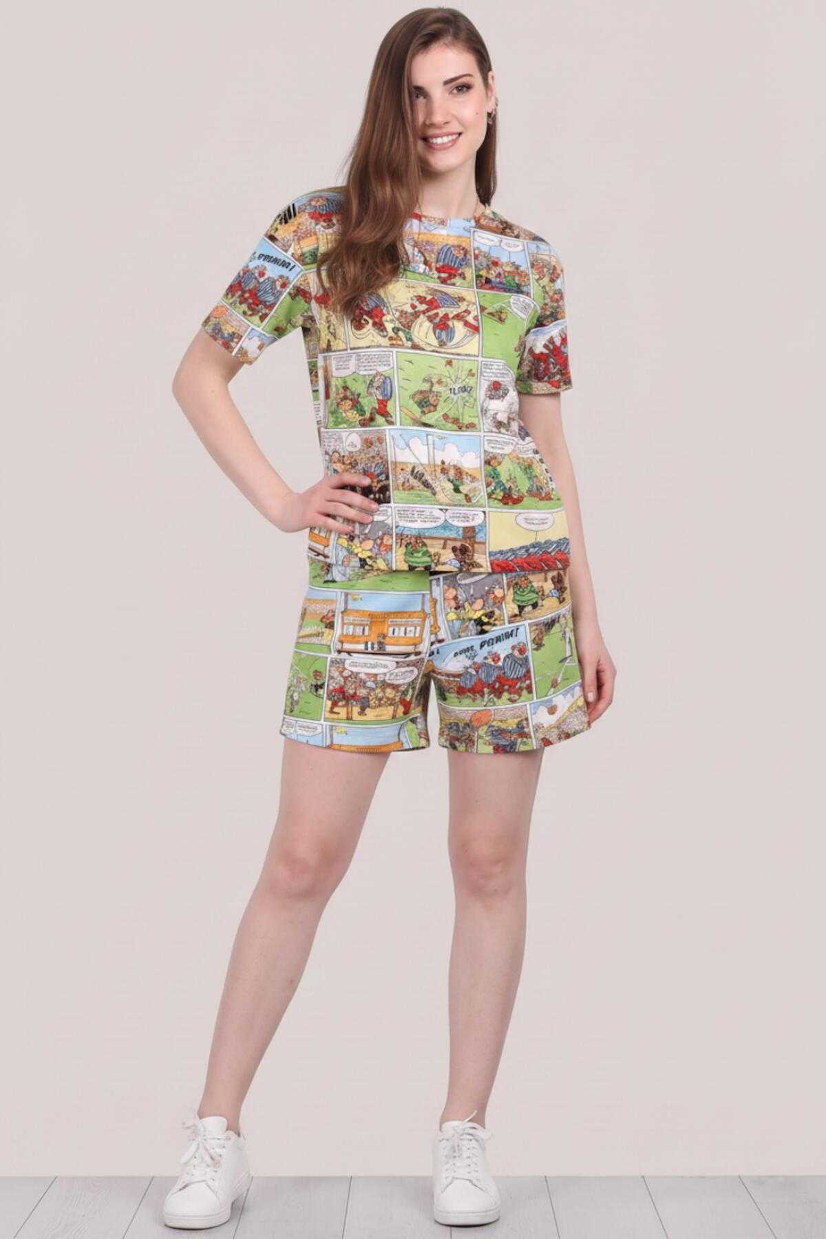 Damen-Pyjama-Set mit Print und kurzen Ärmeln – Mehrfarbig