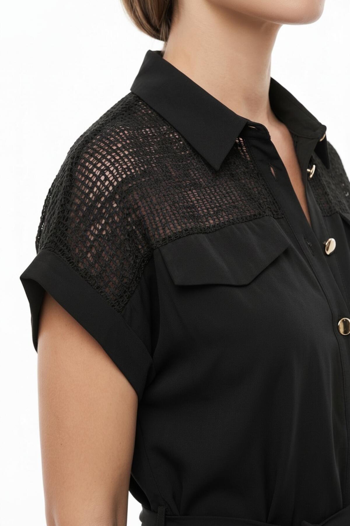 Plus - Size Black Button - Through Dress With Mesh Shoulder Detail