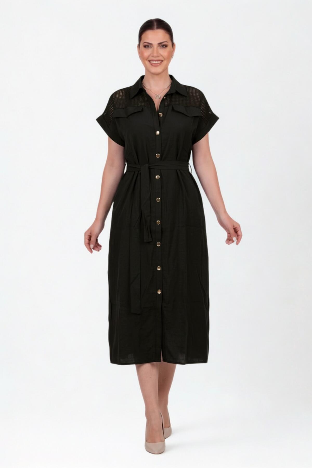 Plus - Size Black Button - Through Dress With Mesh Shoulder Detail