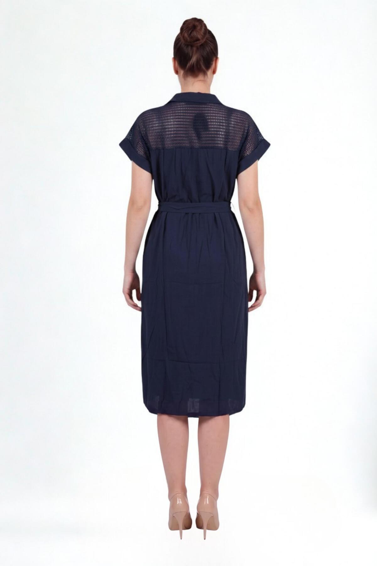 Plus - Size Navy Button - Through Dress With Mesh Shoulder Detail