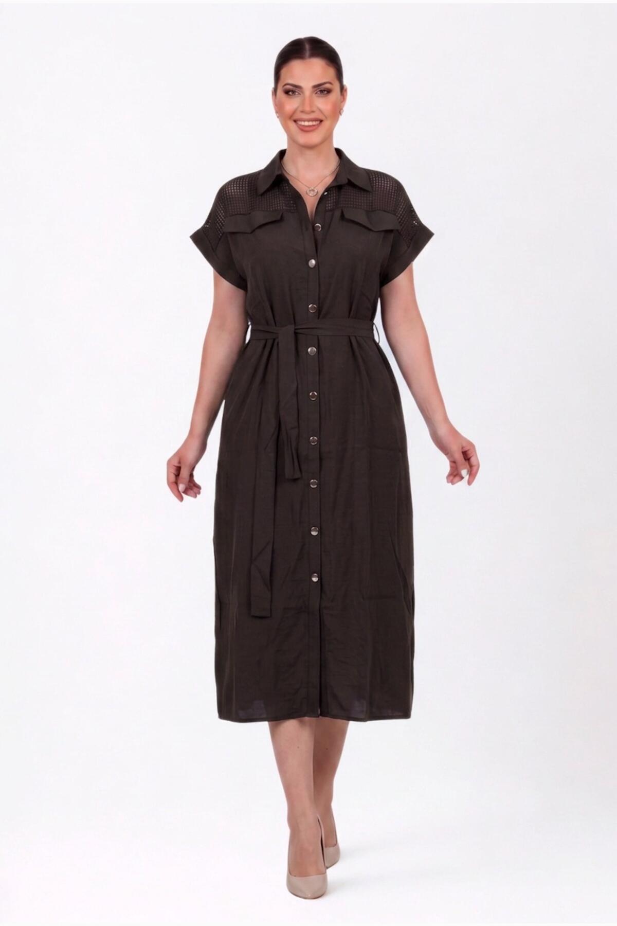 Plus‑Size Button‑Through Dress With Mesh Shoulders — Brown