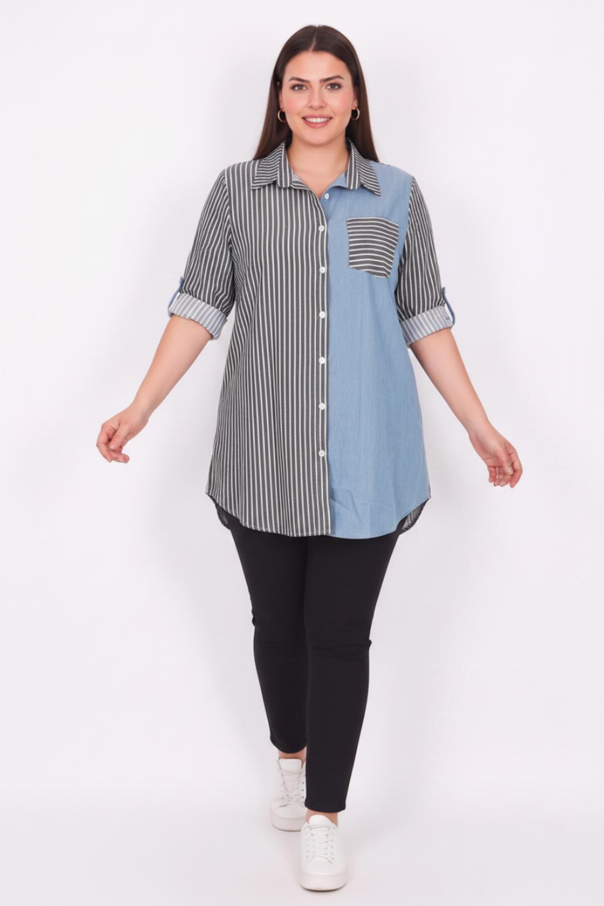 Grote Maten Gestreept Shirt-Tuniek Met Denim Detail — Zwart
