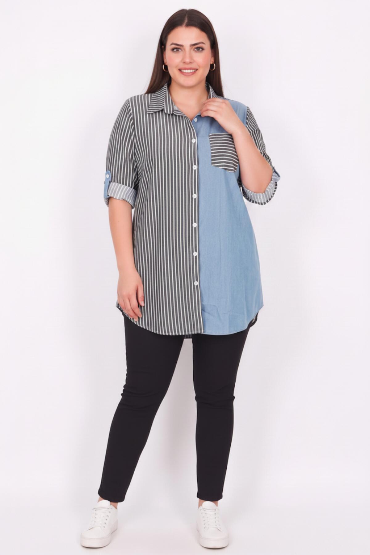 Grote Maten Gestreept Shirt-Tuniek Met Denim Detail — Zwart