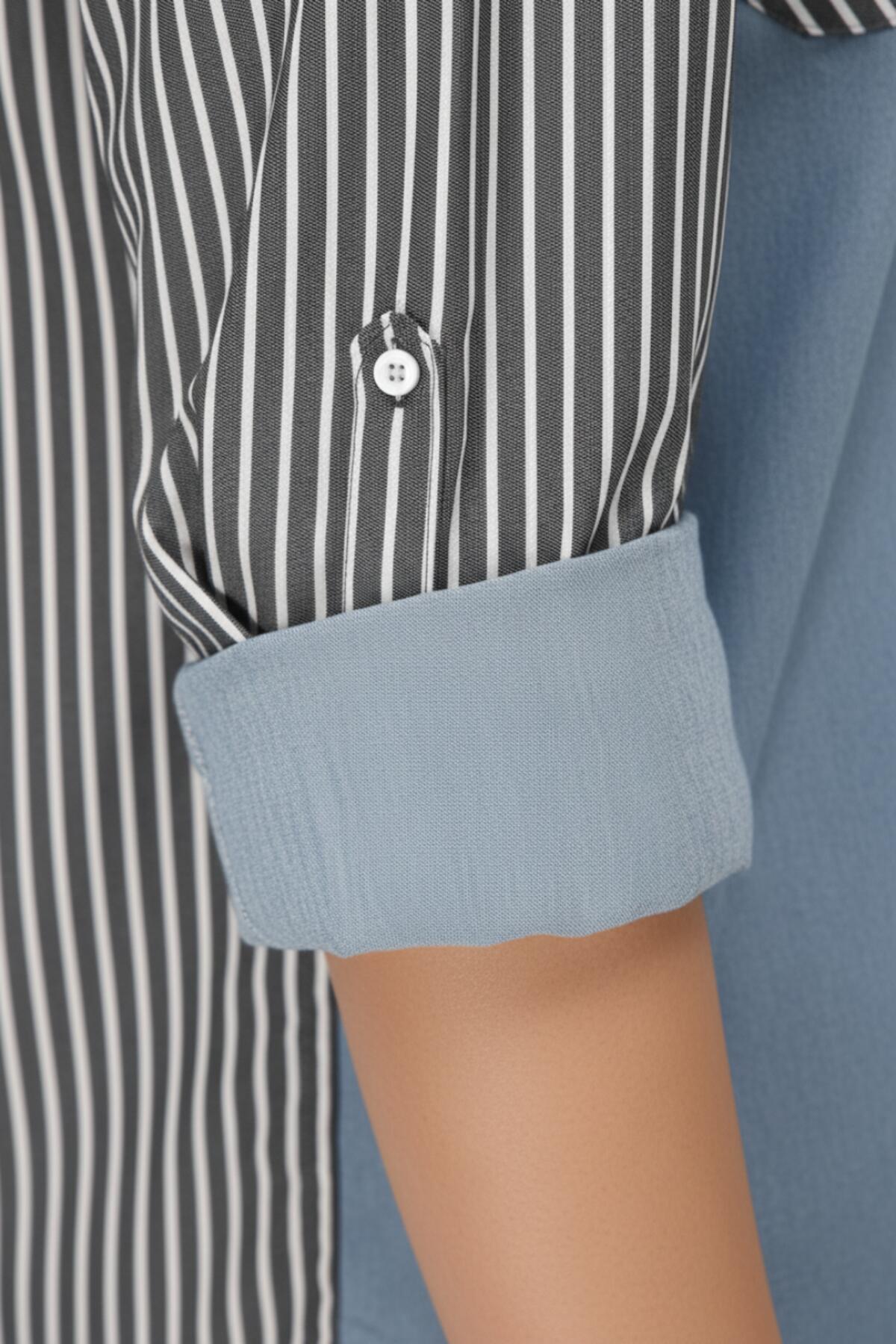 Plus‑Size Striped Shirt‑Tunic With Denim Detail — Black
