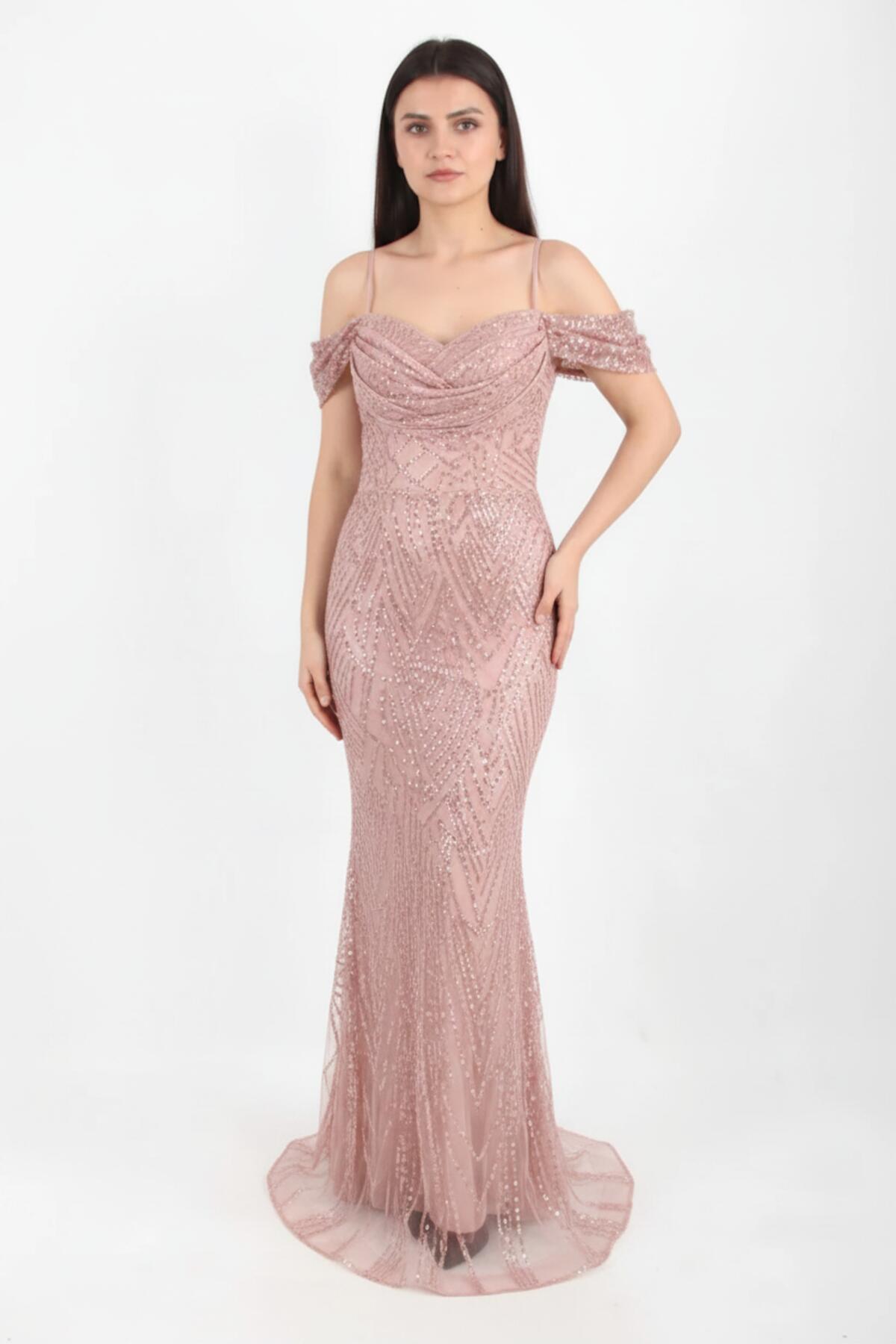 Poederroze Off-Shoulder Avondjurk Met Pailletten En Kralen