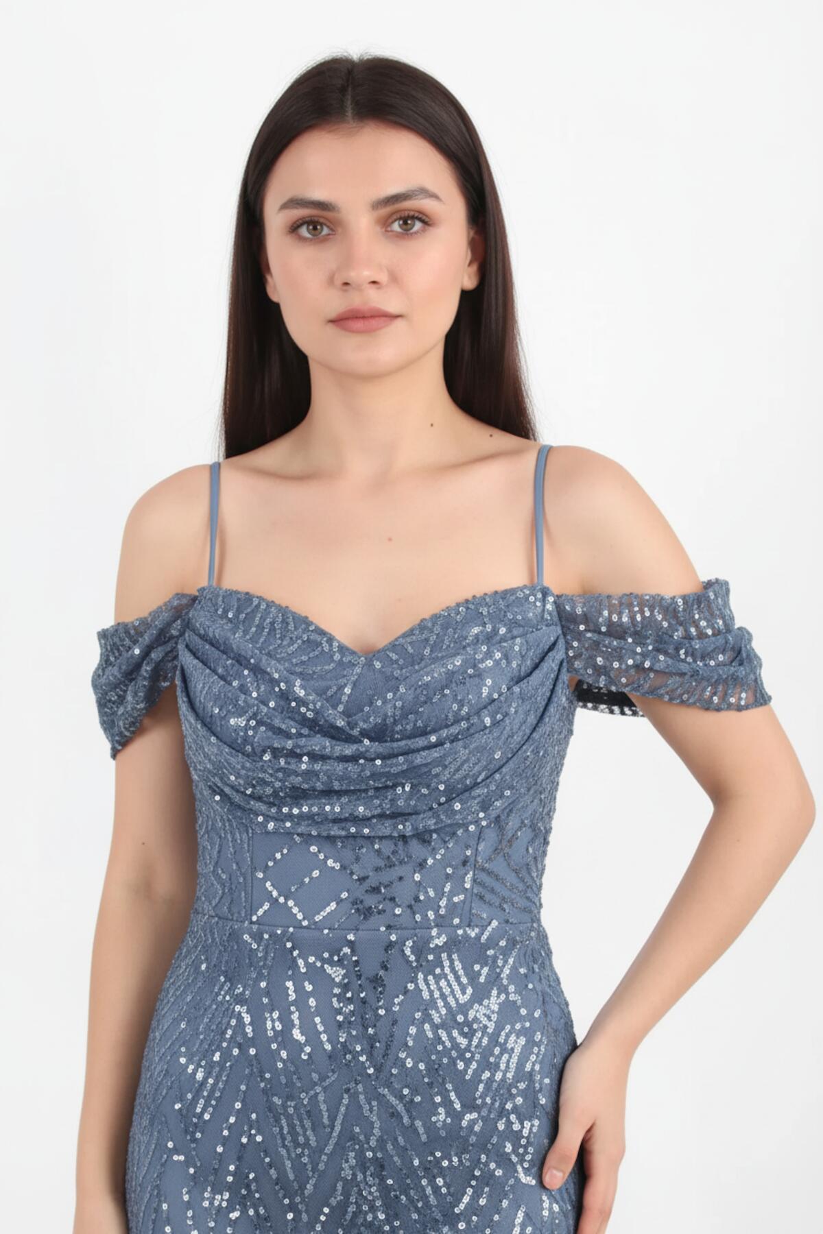 Off-Shoulder Avondjurk met Pailletten & Kralen — Blauw