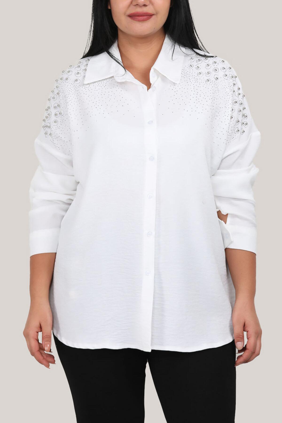 Plus‑Size Parel‑Verfraaid Shirt — Wit