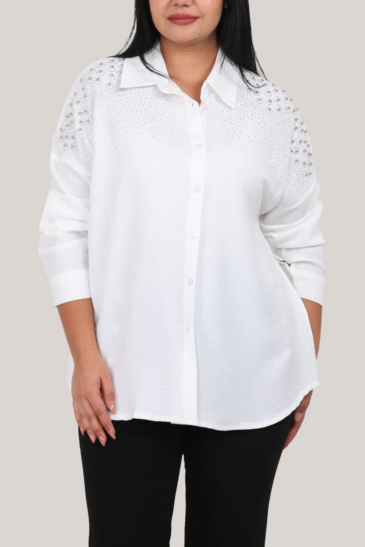 Plus‑Size Parel‑Verfraaid Shirt — Wit