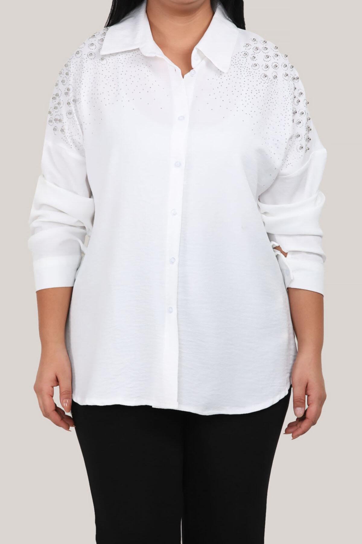 Plus‑Size Pearl‑Embellished Shirt — White
