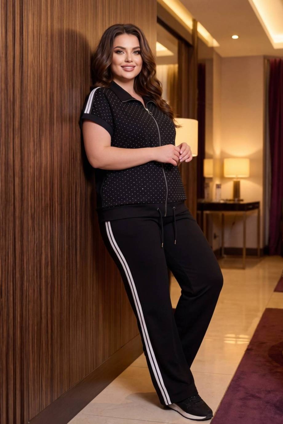 Plus-Size Tweedelige Set met Steentjes – Zwart