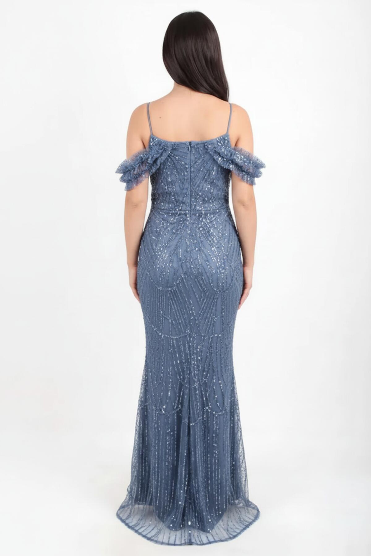 Off - Shoulder Sequin & Bead Evening Gown — Blue