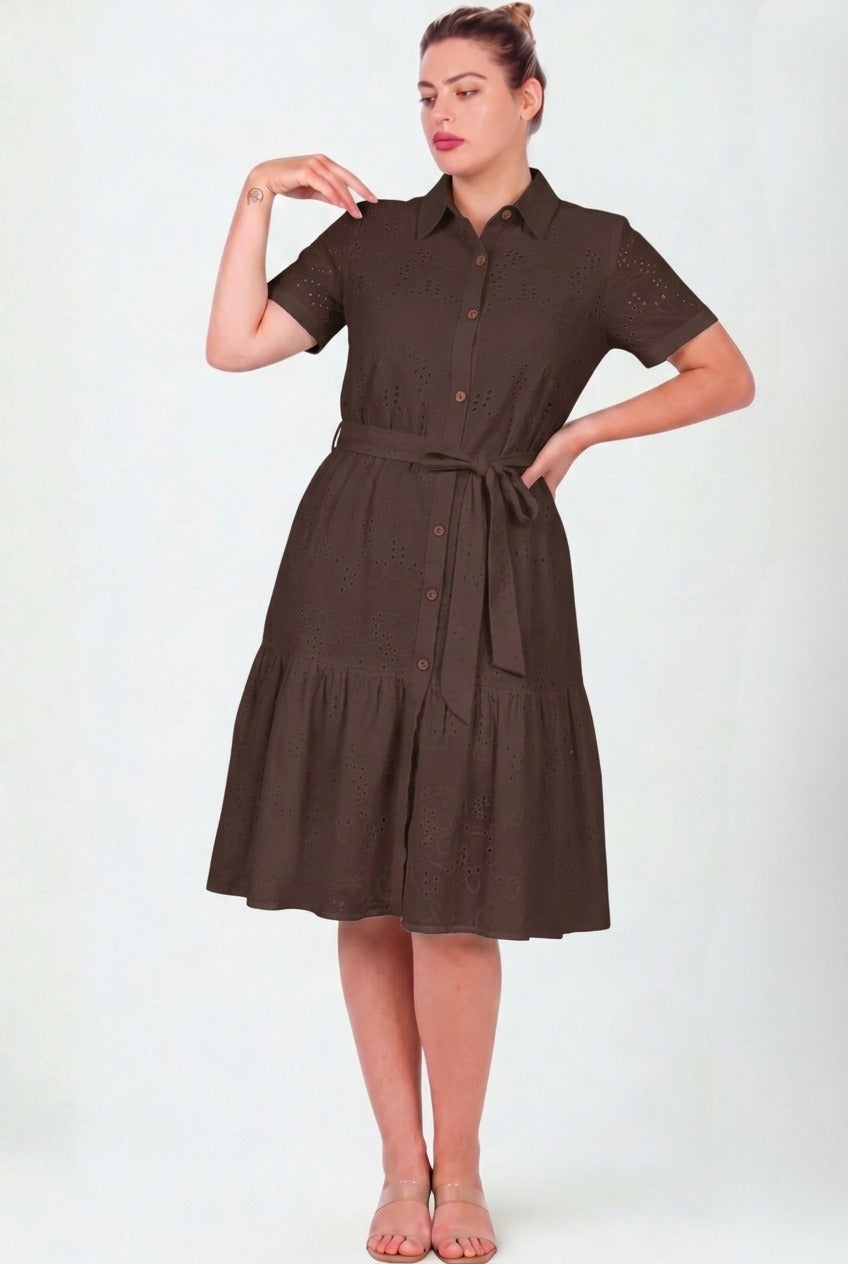 Plus - Size Brown Button - Through Shirt Dress, Short Sleeves