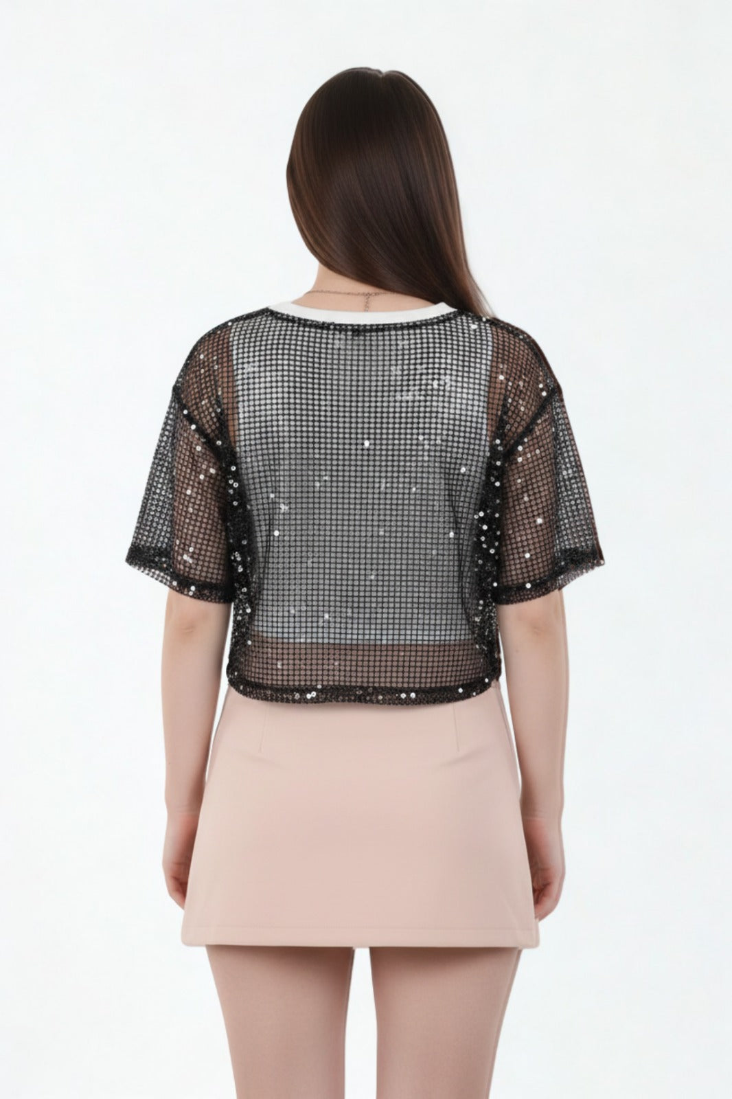 Schwarzes, doppellagiges Mesh-Top mit Pailletten