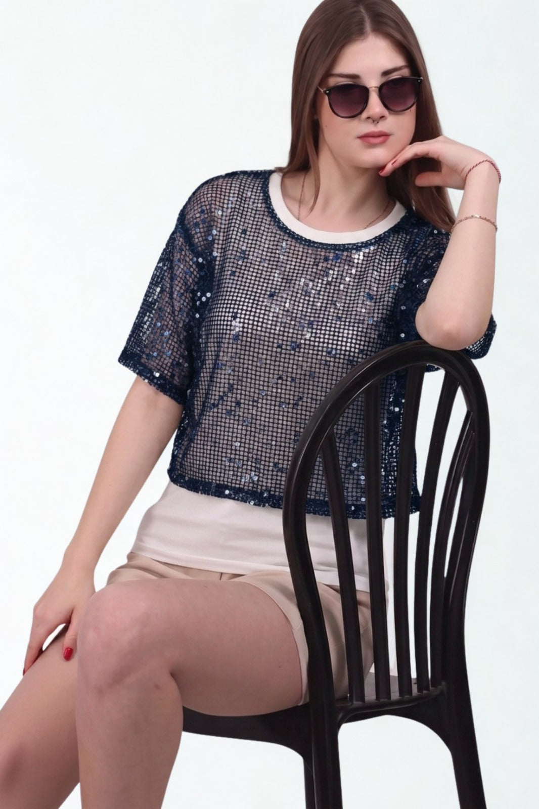 Layered Sequin Mesh Top — Navy