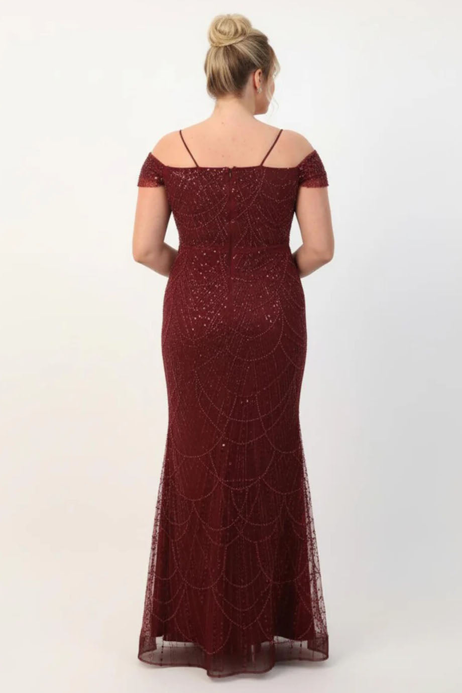 Plus - Size Off - Shoulder Beaded Evening Dress — Burgundy