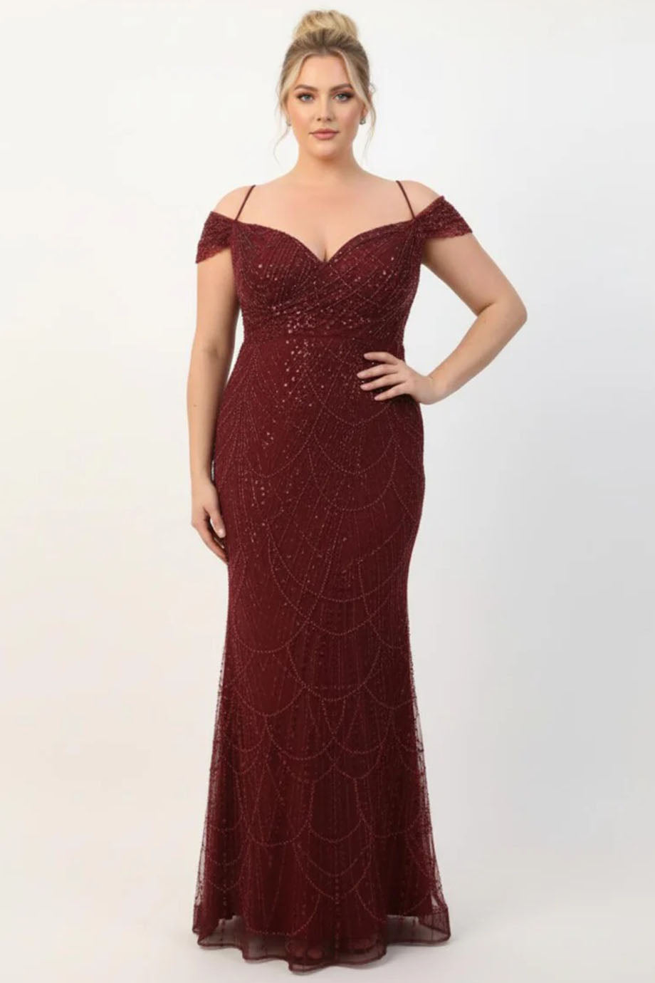 Plus - Size Off - Shoulder Beaded Evening Dress — Burgundy