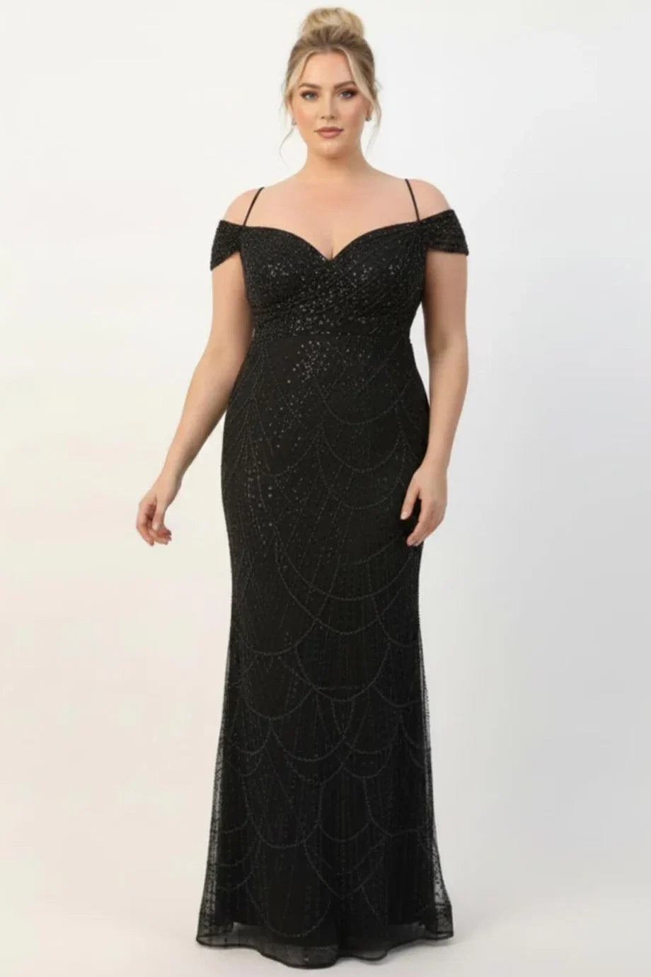 Plus - Size Off - Shoulder Beaded Gown, Black