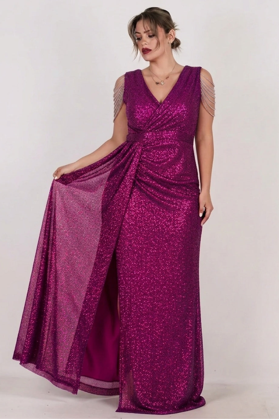Plus - Size Fuchsia Sequin Evening Dress With Shoulder Chain