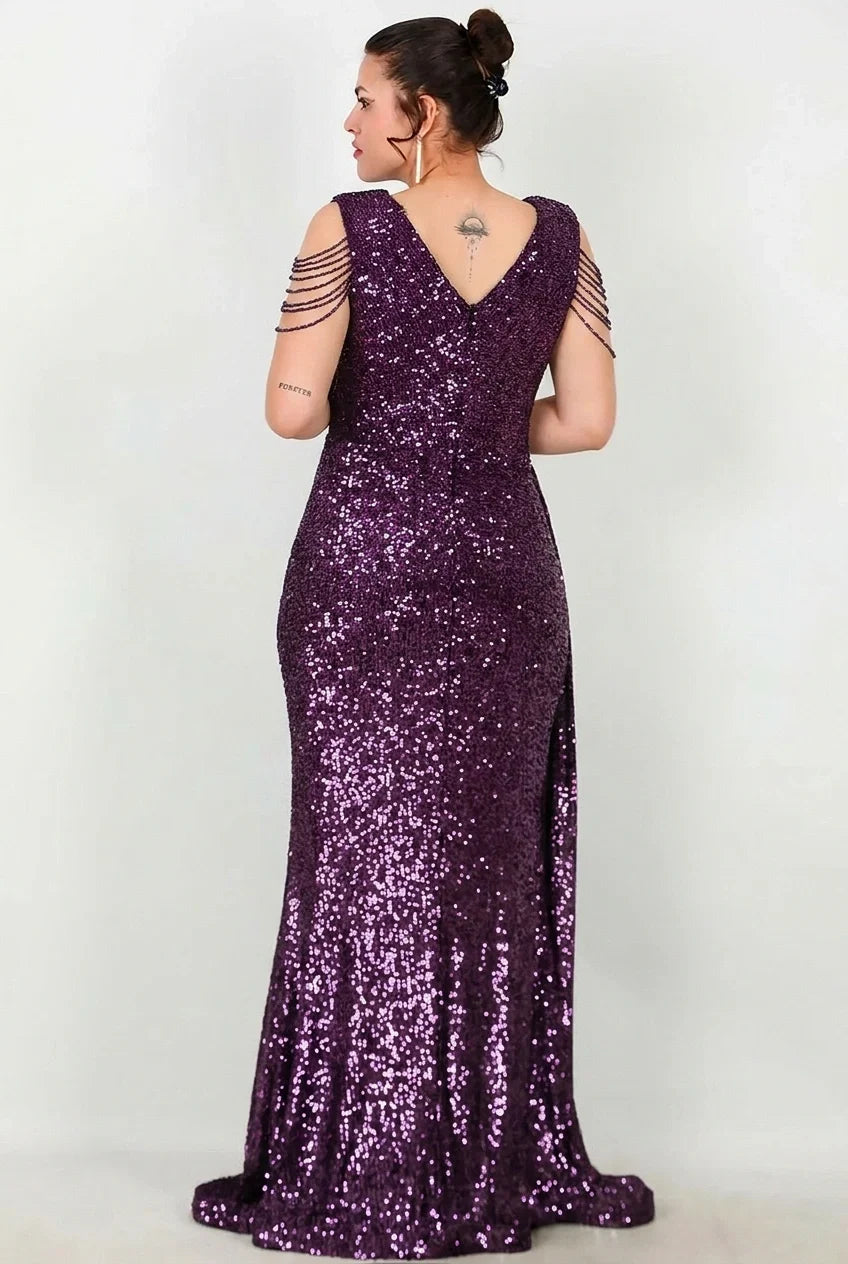 Plus - Size Long Sequin Evening Dress With Shoulder Chain — Purple
