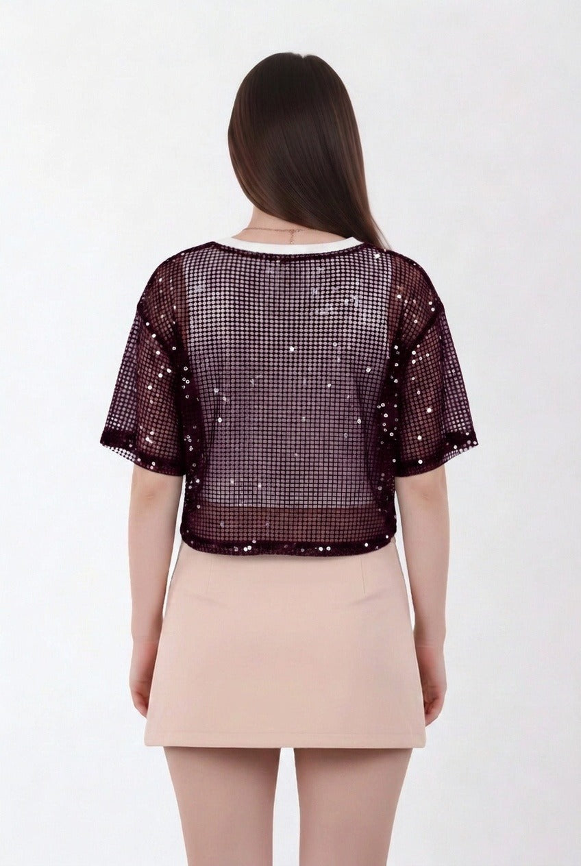 Pflaumenfarbenes Pailletten-Mesh-Layering-Crop-Top