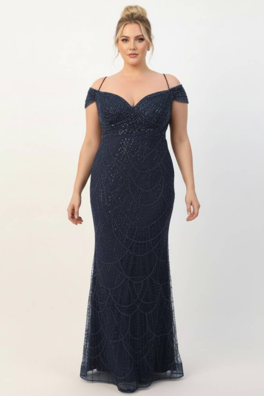 Plus - Size Burgundy Off - The - Shoulder Beaded Gown