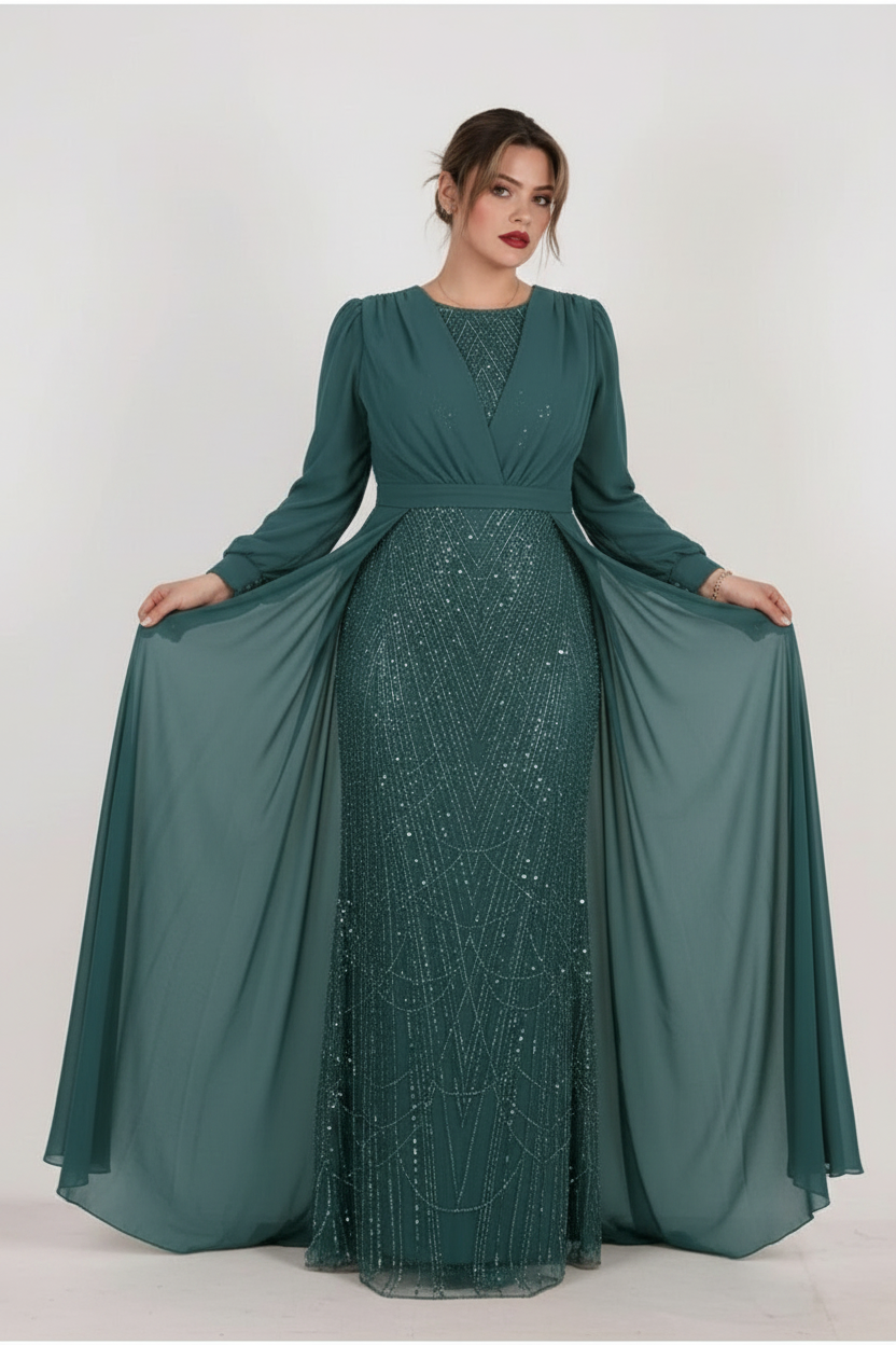 Plus - Size Evening Dress With Sequin Bodice And Chiffon Sleeves — Green