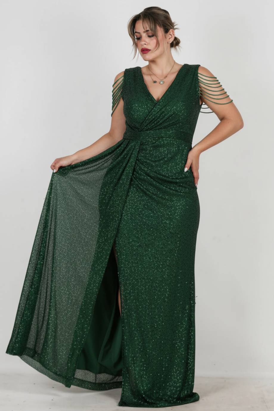 Plus - Size Long Sequin Dress With Shoulder Chain — Green